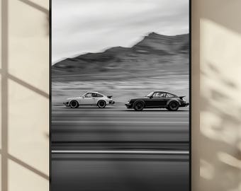Black and White Porsche Racing Wall Art, Classic 911 Turbo Car Photography Print, Minimalist Automotive Poster for Car Enthusiasts