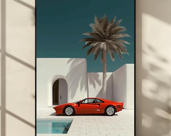 Ferrari Supercar Poster, Luxury Sports Car Wall Art, Modern Villa & Palm Tree Automotive Photography Print, Car Decor