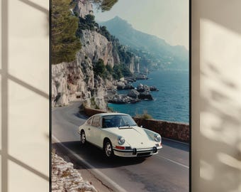 Classic Porsche Coastal Road Poster, Vintage Sports Car Wall Art, Scenic Cliffside Drive Photography Print, Digital Download Car Decor