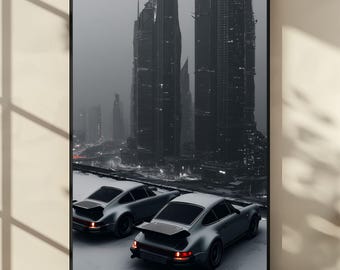 サイバーパンクなポルシェ911のポスター、ダークシティのウォールアート、ムーディーなデジタルカープリント、レトロなポルシェの夜景