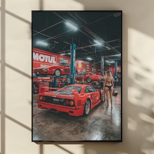 Ferrari F40 Garage Poster, Hype Car Girl Digital Art Print, Red Tuner Wall Decor, Luxury Automotive