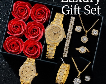 Luxury Rose Jewelry Gift Box — Watch, Necklace, Earrings & Ring Set | Romantic Gift for Mother’s Day, Birthday Anniversary