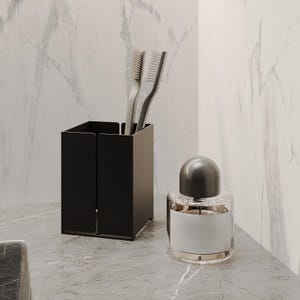Universal Zahnputzbecher | Edelstahl Badezimmer Organizer | Moderne schwarze / weiße quadratische Metalltasse | Minimalistisches Badezimmer Accessoire