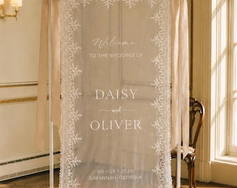 White Lace Wedding Welcome Sign, Personalized Sheer Tulle Wedding Banner with Champagne Ribbon, Classic Ballroom Ceremony Reception Decor