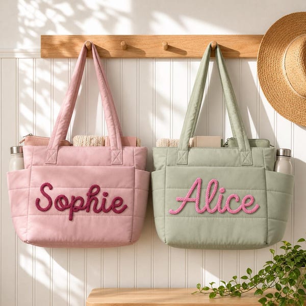 Personalized Quilted Tote Bag, Custom Name Water Resistant Laptop Shoulder Bag, Bridesmaid Gift, Gift For Her. Custom Bride Tribe Puffer Bag