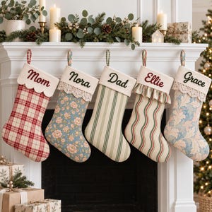 Personalized Family Christmas Stocking with Embroidered Name, Matching Mantel Decorations, Optional Bow, Ruffle Cuff and Lace Trim