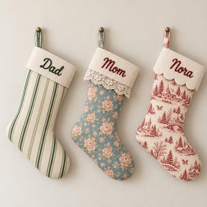 Personalized Christmas Stocking with Embroidered Name, Matching Family Holiday Mantel Decorations, Bow, Lace and Ruffle Cuff Options