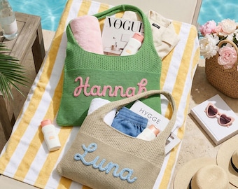 Personalized Beach Bag Gift for Her, Custom Name Knit Tote, Embroidered Summer Bag, Birthday Gift Women, Mother's Day Crochet Bag