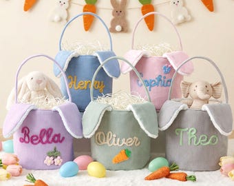 Panier de Pâques personnalisé avec nom, seau à oreilles de lapin en velours côtelé, panier personnalisé pour garçon fille, sac de chasse aux œufs brodé, décoration printanière pour chambre d'enfant