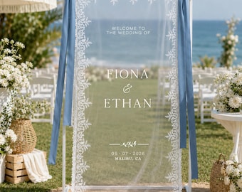 Custom Sheer Lace Wedding Welcome Sign With Dusty Blue Ribbon, Tulle Wedding Banner, Romantic Wedding Banner, Coastal Seaside Decor Sign
