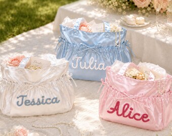 Personalized Satin Tote Bag, Custom Chenille Name Shoulder Bag with Pockets, Bow Ruched Bridesmaid Travel Tote, Bridal Shower Wedding Gift