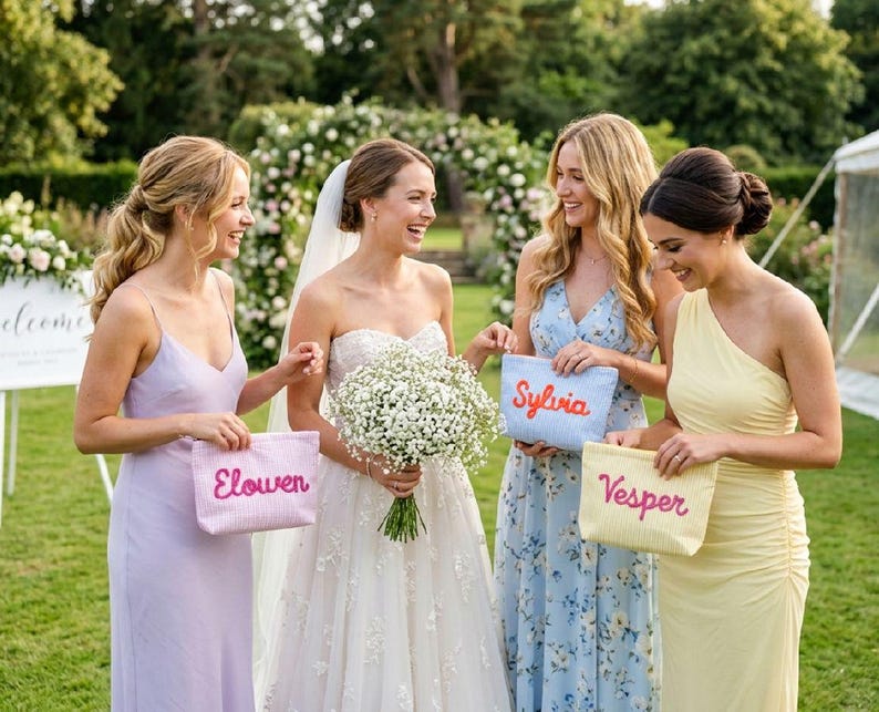 May include: Four women in pastel dresses holding personalized striped pouches. The bride wears a white gown and veil, holding a bouquet. The pouches are pink, blue, and yellow, each with a name embroidered in a contrasting color.
