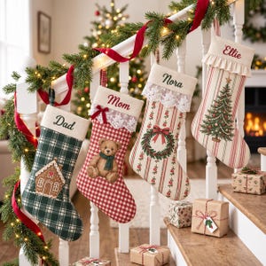 Personalized Family Christmas Stocking, Embroidered Name, Festive Motifs, Matching Mantel Decor, Bow, Ruffle Cuff and Lace Options