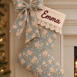 Personalized Family Stocking with Name Embroidery, Coordinating Holiday Mantel Display, Optional Bow, Lace Trim and Ruffle Cuff