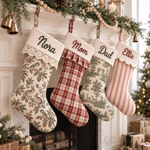 Personalized Family Stocking with Name Embroidery, Christmas Mantel Decorations, Matching Designs, Bow, Ruffle and Lace Cuff Options