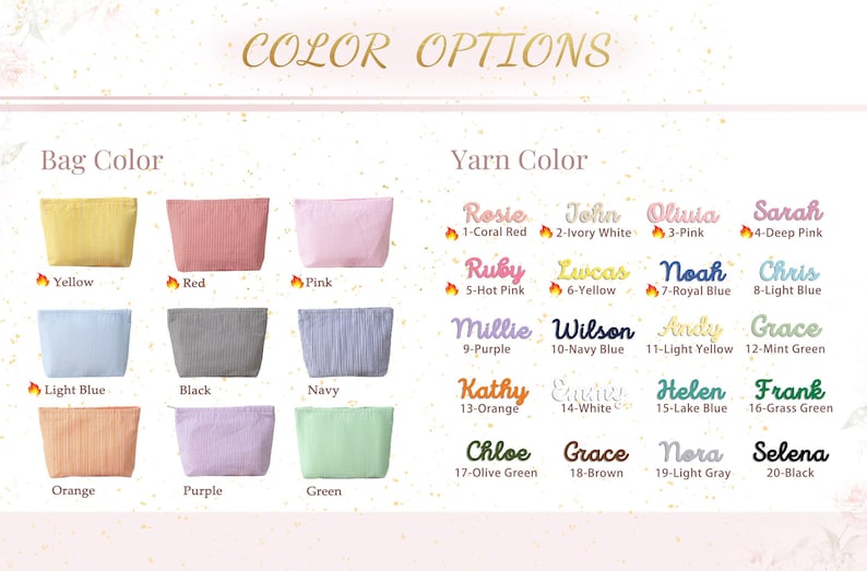 May include: Color options chart featuring cosmetic bags in various colors like yellow, red, and pink, alongside yarn color options with names such as Rosie, John, and Olivia. The image displays a range of color choices.