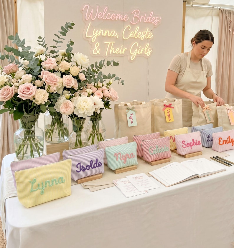May include: A display of personalized gifts for a bridal party. The table features pastel-colored cosmetic bags with names embroidered on them, alongside tote bags, flowers, and a neon sign that reads "Welcome Brides: Lynna, Celeste & Their Girls."