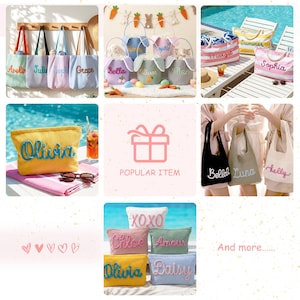May include: Collection of personalized tote bags, cosmetic bags, and Easter baskets. The tote bags are in various colors with names embroidered on them. The cosmetic bags are yellow, pink, and blue. Easter baskets have bunny ears.