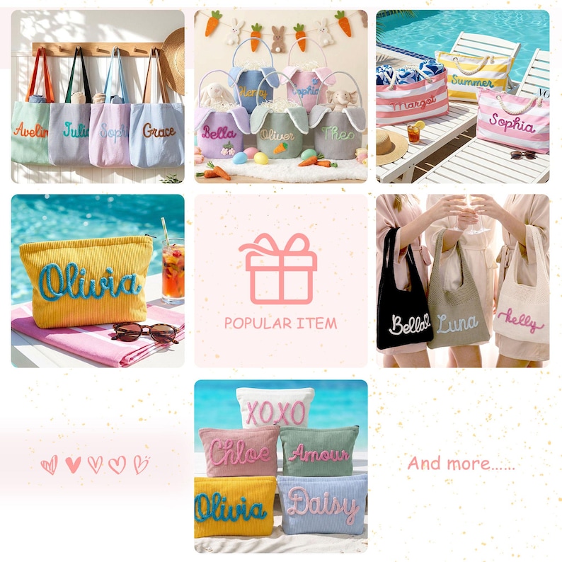 May include: Collection of personalized tote bags, cosmetic bags, and Easter baskets. The tote bags are in various colors with names embroidered on them. The cosmetic bags are yellow, pink, and blue. Easter baskets have bunny ears.