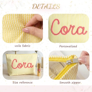 May include: A yellow and white striped cosmetic bag with the name "Cora" embroidered in pink. The bag features a smooth zipper and is made of voile fabric. The image also shows a size reference.