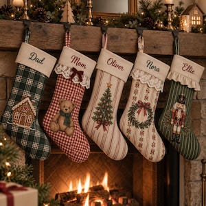 Family Stocking with Name Embroidery, Personalized Christmas Stocking, Farmhouse Holiday Mantel Decorations, Christmas Gift for Children