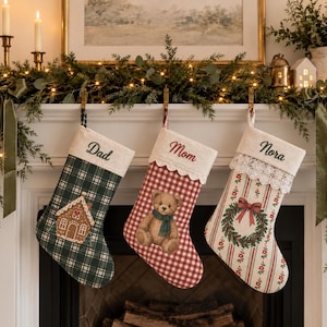 Holiday Stocking with Embroidered Name, Custom Family Christmas Stocking, Festive Family Fireplace Decorations, Christmas Keepsake for Kids