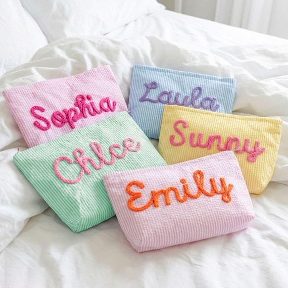Custom Makeup Bag Seersucker Cosmetic Pouch Chenille Name Monogram, Personalized Bridesmaid Travel bag, Bachelorette Party Favors For Her