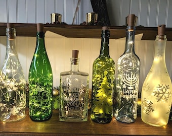 Holiday Themed Wine Bottle with Lights - Hand Etched