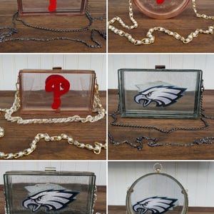 Clear Stadium-Approved Resin Crossbody Purse – Phillies or Eagles Logo, Glitter Transparent Bag – Game Day & Event-Ready
