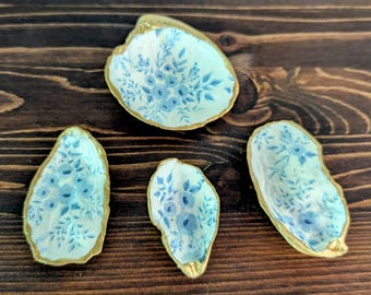 Blue Floral Shell Trinket Dish: Hand-Gilded Coastal Cottage Decor