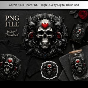 Op de afbeelding: Digitale download met een gotisch schedelontwerp met een rood hart. De afbeelding bevat een t-shirt, sticker, mok en glas met hetzelfde ontwerp. Tekst op de afbeelding luidt "PNG FILE" en "Instant Download".