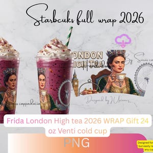 May include: Two cold cups filled with a purple beverage, topped with whipped cream and a green and white striped straw. The cups feature a Frida Kahlo design with London landmarks. Text on the cups reads "London High Tea".