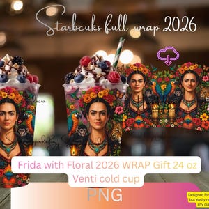 Floral Jungle Frida Kahlo Wrap 24oz Venti Cold Cup Full Wrap PNG, Leopard Parrot Design, Boho Sublimation Cup Wrap