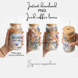 Mama Needs Coffee 16oz Glass Can Wrap PNG, Floral Watercolor Full Wrap Sublimation, Aesthetic Butterfly & Bird Coffee Can Glass Design