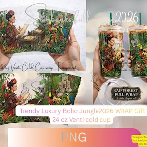 Luxury Boho Jungle Full Wrap PNG for 24oz Venti Cold Cup | Rainforest Frida Printable Tumbler Wrap | Transparent Design