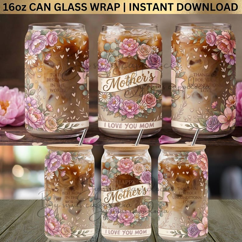 Best Mom Ever 16oz Glass Can Wrap PNG, Floral Best Mom Libbey Glass ...