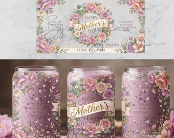 May include: Three 16oz can glass wraps with a floral design for Mother's Day. Each wrap features a purple background, a floral wreath, and the text "Happy Mother's Day." Additional text includes "To the best mom in the world," "Thank you for your unconditional love," and "I love you mom."