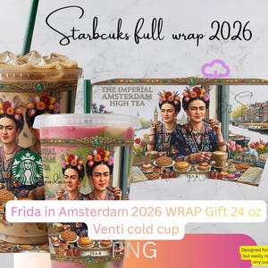 Frida Kahlo High Tea Full Wrap Star Cup 24oz Venti, Amsterdam Travel Tumbler Wrap, Dutch Golden Age Art, Digital Download PNG
