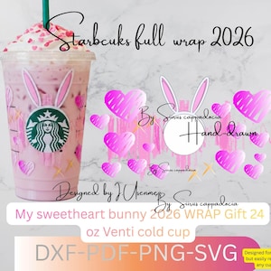 Starbucks Cold Cup-Folie mit Herzmuster, rosa Hasenohren, Kawaii-Ästhetik, Herzmotiv, süßes Ostergeschenk für sie, handgefertigt (SVG-DXF)