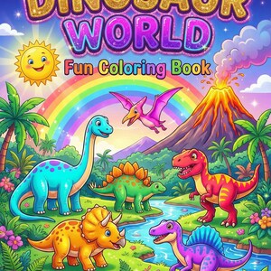Op de afbeelding: Een kleurrijke illustratie van een omslag van een kleurboek met de titel "Dinosaur World Fun Coloring Book". De afbeelding toont een regenboog, een lachende zon, een vulkaan en diverse cartoon dinosaurussen in een prehistorisch landschap. De titel is in glitterletters.