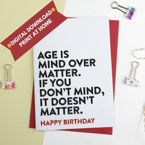 Printable Birthday Card, Mind Over Matter Card Funny Birthday Card, Digital Download, Print at Home, Printable Card, downloadable card