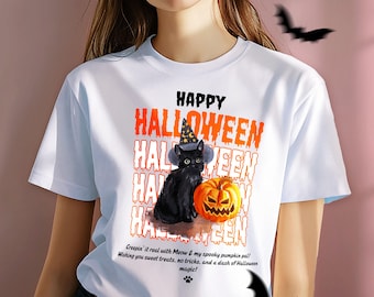 Halloween Black Cat Pumpkin T-Shirt, Spooky Cat Lover Tee