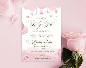 Boho Baby Shower Invitation | Editable Canva Template | Sweet Baby Girl Invite