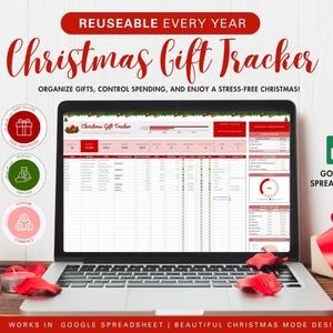 May include: A laptop screen shows a Christmas gift tracker spreadsheet with red detailing. The text reads "Christmas Gift Tracker" and "Organise gifts, control spending, and enjoy a stress-free Christmas!" A red candle and rose petals are in the foreground. The spreadsheet is for Google.