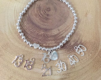 13th birthday beaded initial bracelet, silver teenager heart bracelet, 21st,30th,40th,50th bday