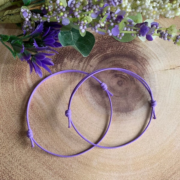 Purple string adjustable wish bracelets x2, purple string anklet, friendship bracelet, simple string bracelet or anklet