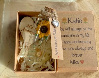 Happy anniversary sunflower in a bottle keepsake gift, paper anniversary gift, wood anniversary gift, personalised gift for wife anniversary