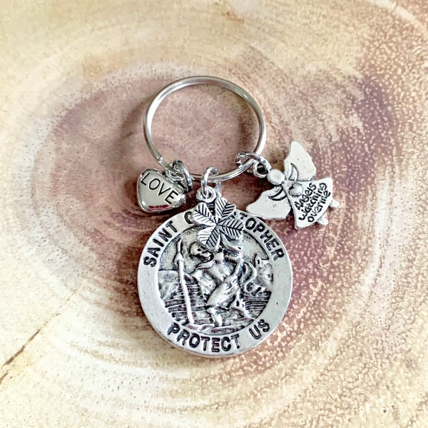 St Christopher lucky clover keyring, New driver congratulations gift, St Christopher safe travels gift, Guardian angel keychain