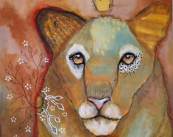 Original lioness painting whimsical mixed media art on wood panel 11x14 inches - Leo season