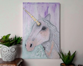 Original unicorn painting acrylic whimsical mixed media art painting on wood panel 8x12 inches - A magical connection